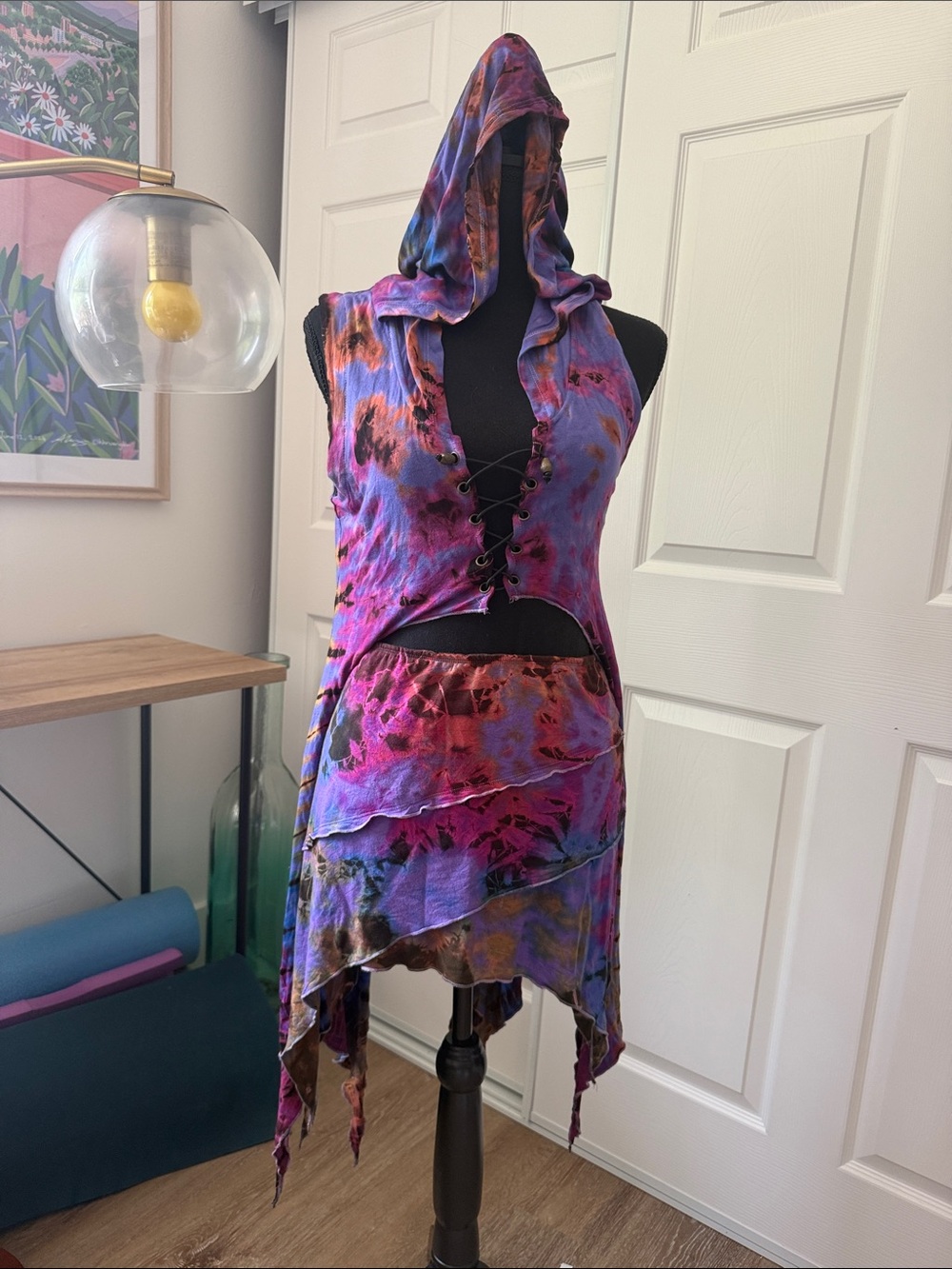 Boho Tie-Dye Purple Hooded Skirt Set with Lace-Up Bodice